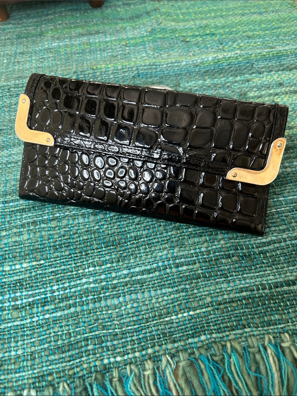 Ann Taylor Black Croc-Embossed Patent Leather Wallet with Gold Corner Accents
